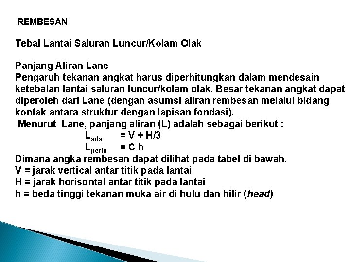  REMBESAN Tebal Lantai Saluran Luncur/Kolam Olak Panjang Aliran Lane Pengaruh tekanan angkat harus
