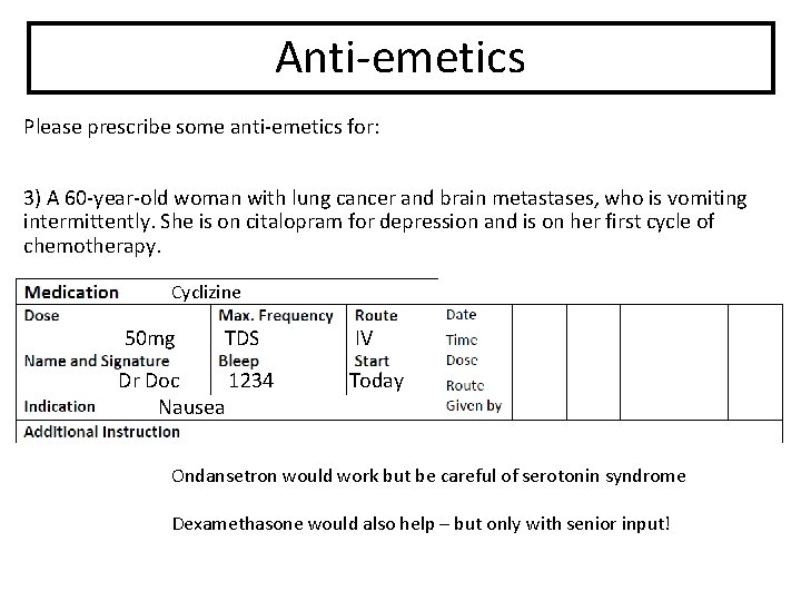 Anti-emetics Please prescribe some anti-emetics for: 3) A 60 -year-old woman with lung cancer