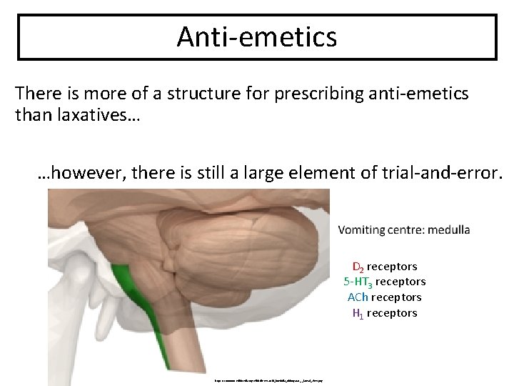 Anti-emetics There is more of a structure for prescribing anti-emetics than laxatives… …however, there