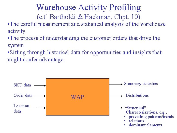 Warehouse Activity Profiling (c. f. Bartholdi & Hackman, Chpt. 10) • The careful measurement