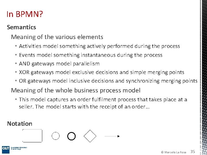 In BPMN? Semantics Meaning of the various elements • • • Activities model something In BPMN? Semantics Meaning of the various elements • • • Activities model something