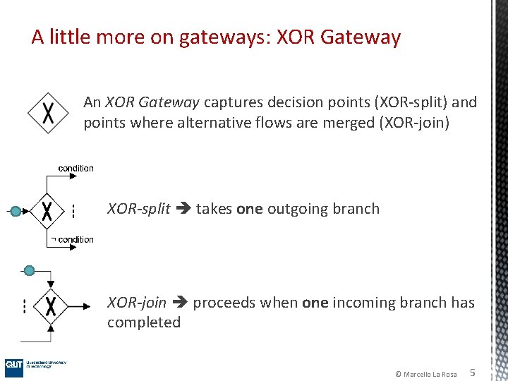 A little more on gateways: XOR Gateway An XOR Gateway captures decision points (XOR-split) A little more on gateways: XOR Gateway An XOR Gateway captures decision points (XOR-split)