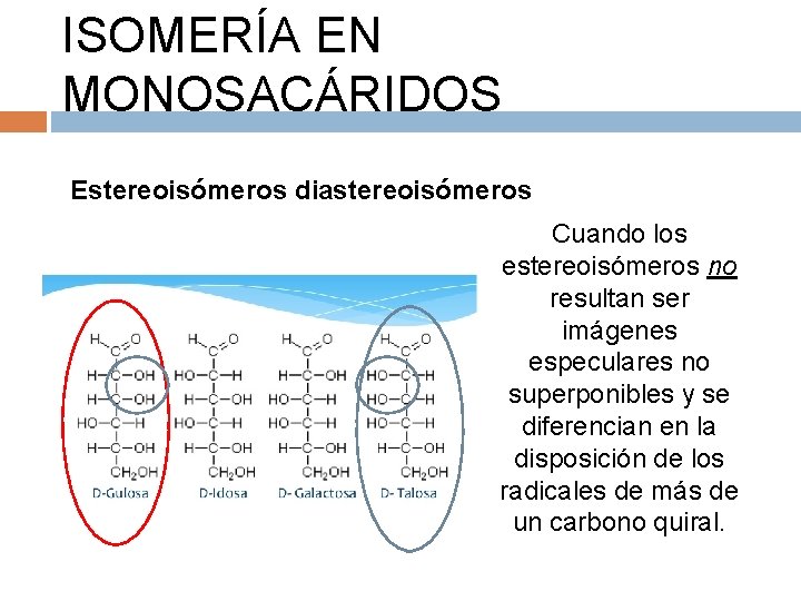 ISOMERÍA EN MONOSACÁRIDOS Estereoisómeros diastereoisómeros Cuando los estereoisómeros no resultan ser imágenes especulares no