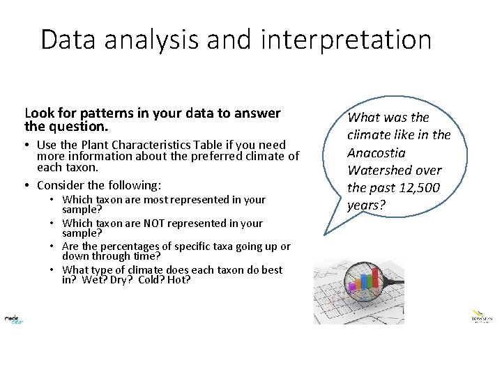 Data analysis and interpretation Look for patterns in your data to answer the question.