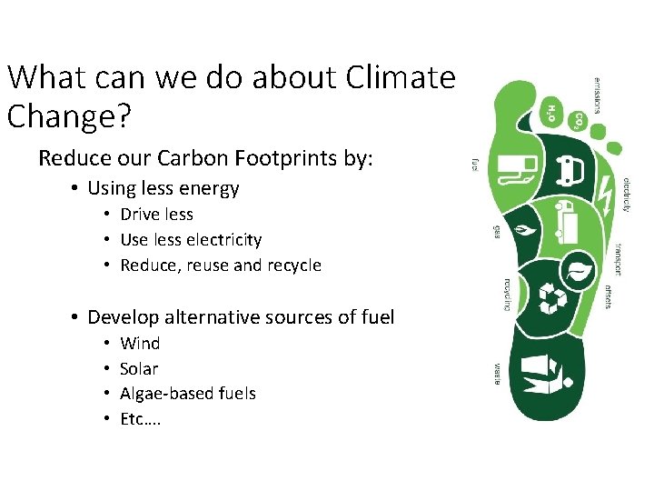 What can we do about Climate Change? Reduce our Carbon Footprints by: • Using