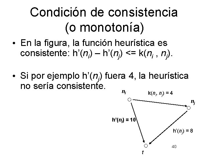 Condición de consistencia (o monotonía) • En la figura, la función heurística es consistente: