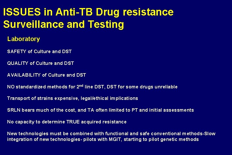 ISSUES in Anti-TB Drug resistance Surveillance and Testing Laboratory SAFETY of Culture and DST