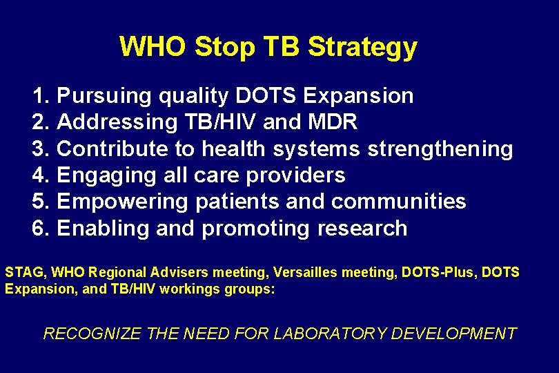 WHO Stop TB Strategy 1. Pursuing quality DOTS Expansion 2. Addressing TB/HIV and MDR