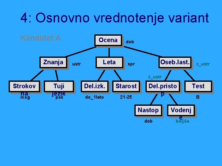 4: Osnovno vrednotenje variant Kandidat A Znanja ustr Ocena dob Leta spr Oseb. last.