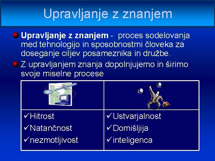 Upravljanje z znanjem - proces sodelovanja med tehnologijo in sposobnostmi človeka za doseganje ciljev