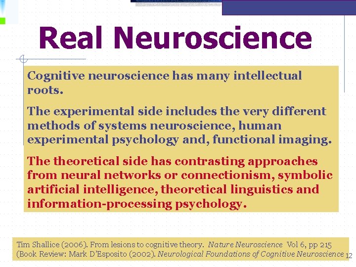 Real Neuroscience Cognitive neuroscience has many intellectual roots. The experimental side includes the very