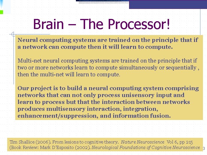 Brain – The Processor! Neural computing systems are trained on the principle that if