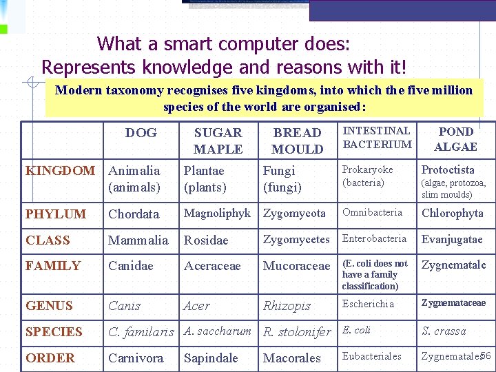 What a smart computer does: Represents knowledge and reasons with it! Modern taxonomy recognises