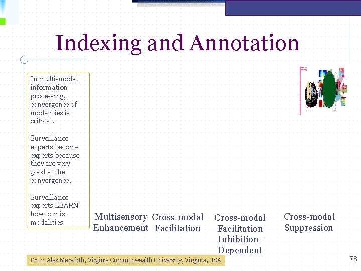 Indexing and Annotation In multi-modal information processing, convergence of modalities is critical. Surveillance experts