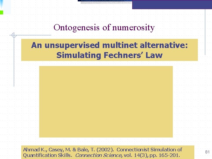 Ontogenesis of numerosity An unsupervised multinet alternative: Simulating Fechners’ Law Ahmad K. , Casey,