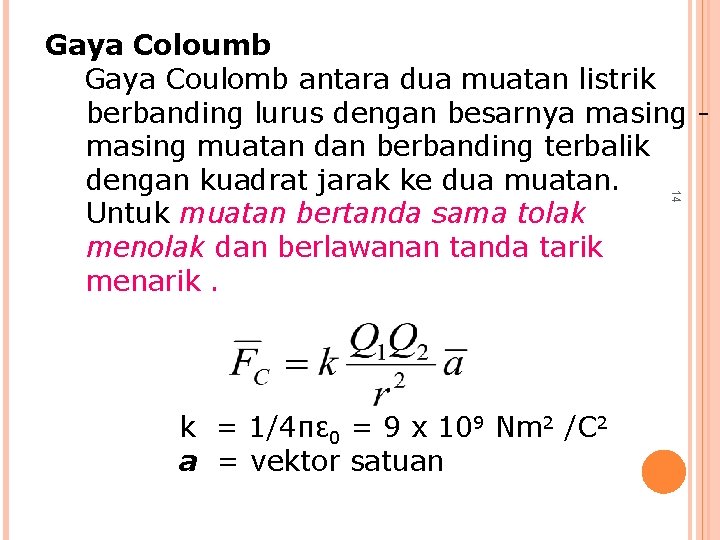 14 Gaya Coloumb Gaya Coulomb antara dua muatan listrik berbanding lurus dengan besarnya masing