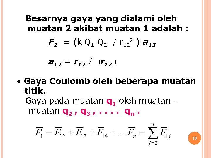 Besarnya gaya yang dialami oleh muatan 2 akibat muatan 1 adalah : F 2