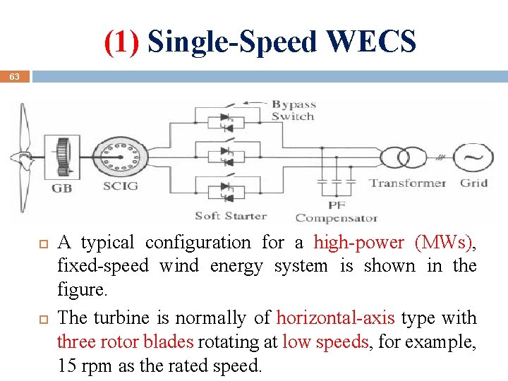 (1) Single-Speed WECS 63 A typical configuration for a high-power (MWs), fixed-speed wind energy