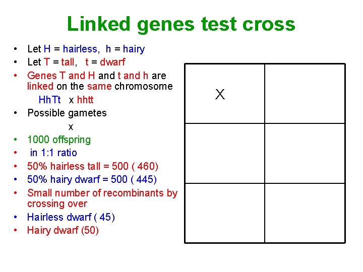 Linked genes test cross • Let H = hairless, h = hairy • Let