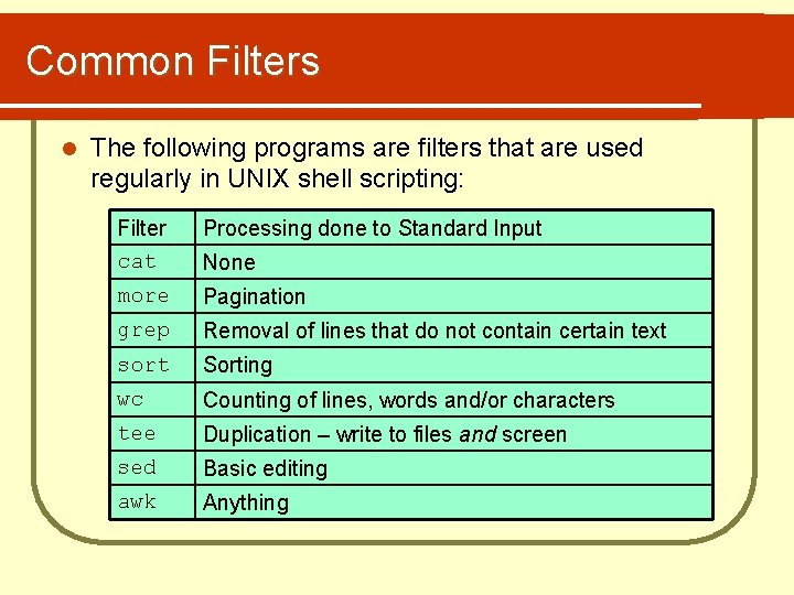 Common Filters l The following programs are filters that are used regularly in UNIX