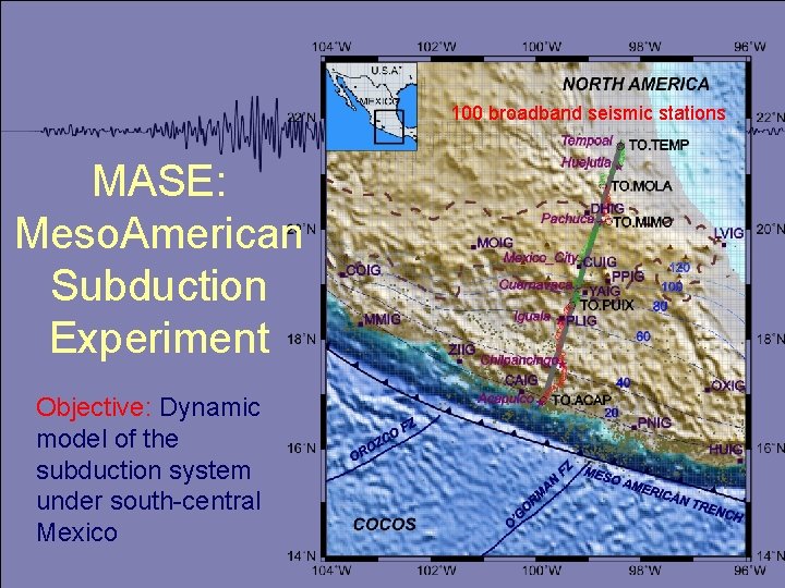100 broadband seismic stations MASE: Meso. American Subduction Experiment Objective: Dynamic model of the