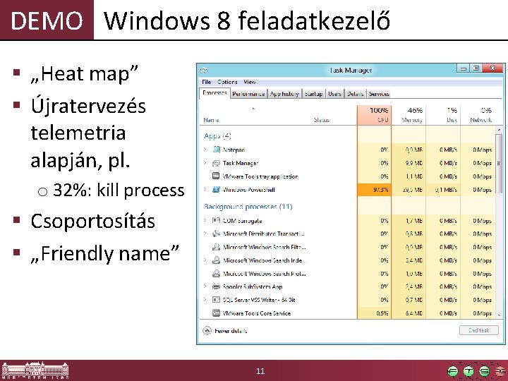 DEMO Windows 8 feladatkezelő § „Heat map” § Újratervezés telemetria alapján, pl. o 32%: