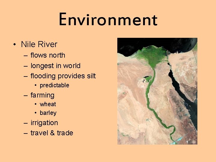 Environment • Nile River – flows north – longest in world – flooding provides