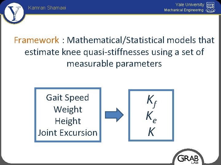 Yale University Kamran Shamaei Mechanical Engineering Framework : Mathematical/Statistical models that estimate knee quasi-stiffnesses
