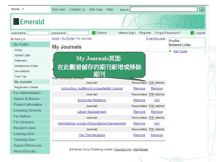 My Journals頁面在此觀看儲存的期刊新增或移除 期刊 www. emeraldinsight. com 