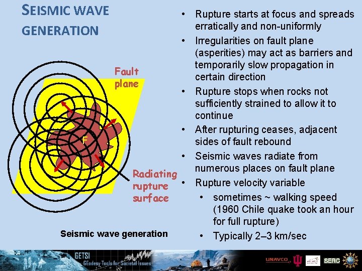 SEISMIC WAVE • Rupture starts at focus and spreads erratically and non-uniformly GENERATION •