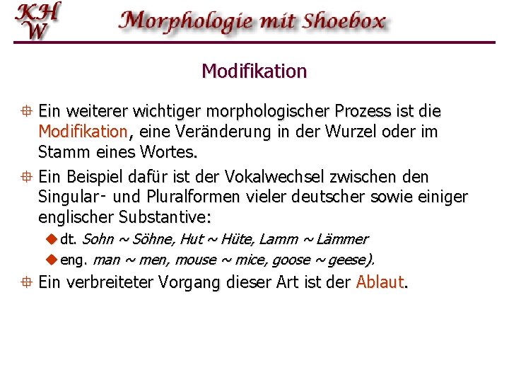 Modifikation ° Ein weiterer wichtiger morphologischer Prozess ist die Modifikation, eine Veränderung in der