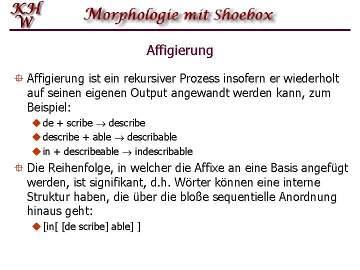 Affigierung ° Affigierung ist ein rekursiver Prozess insofern er wiederholt auf seinen eigenen Output