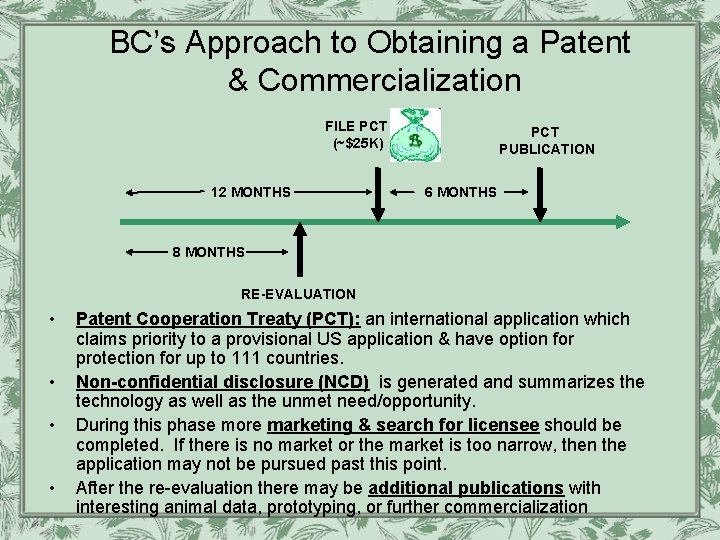 BC’s Approach to Obtaining a Patent & Commercialization FILE PCT (~$25 K) 12 MONTHS