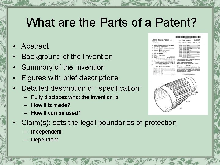 What are the Parts of a Patent? • • • Abstract Background of the