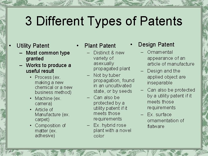 3 Different Types of Patents • Utility Patent – Most common type granted –