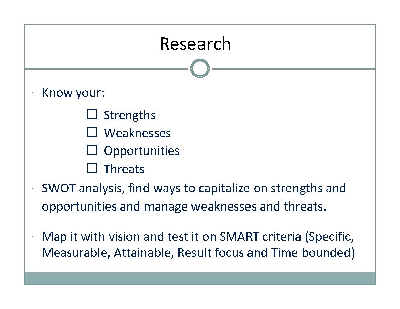Research · Know your: � Strengths � Weaknesses � Opportunities � Threats · SWOT