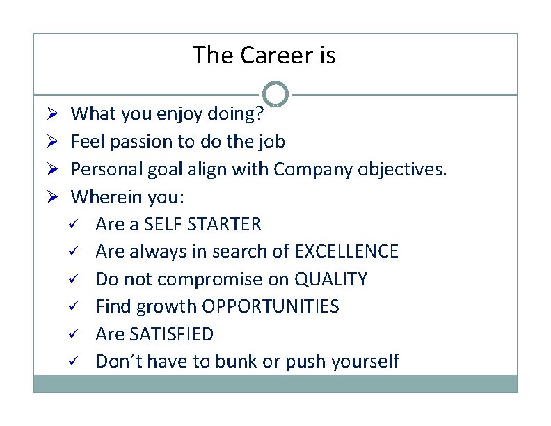 The Career is What you enjoy doing? Feel passion to do the job Personal