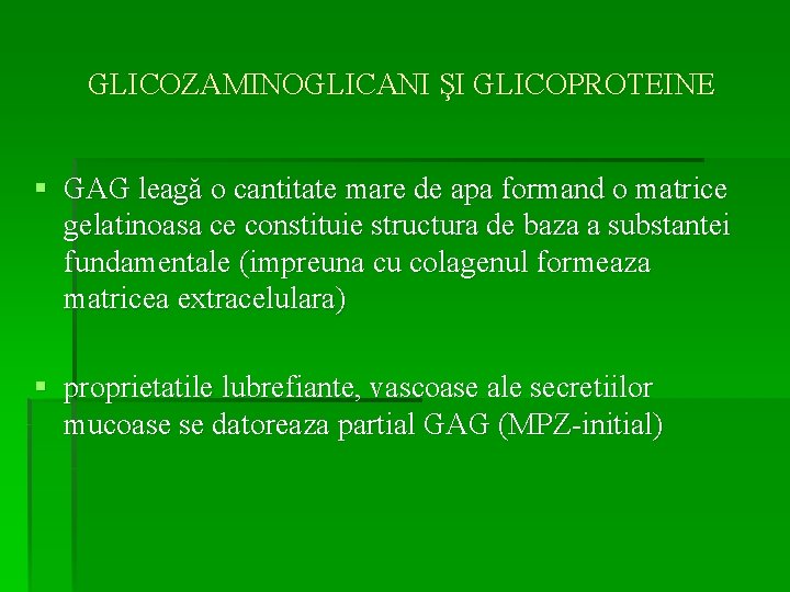 GLICOZAMINOGLICANI ŞI GLICOPROTEINE § GAG leagă o cantitate mare de apa formand o matrice