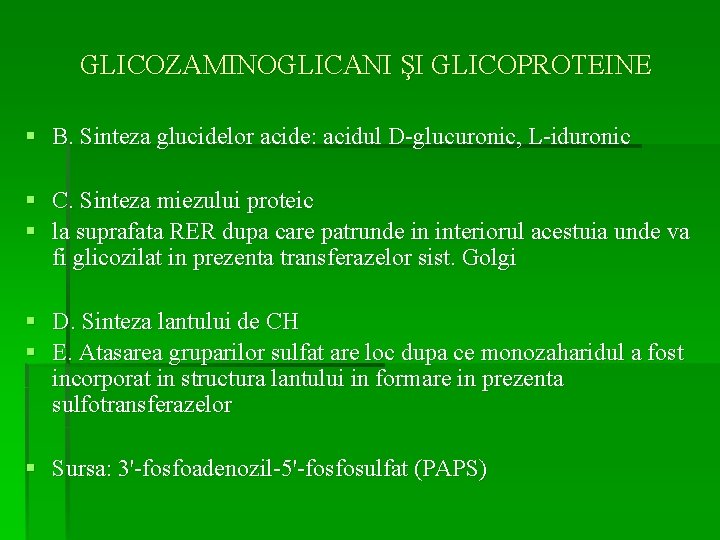 GLICOZAMINOGLICANI ŞI GLICOPROTEINE § B. Sinteza glucidelor acide: acidul D-glucuronic, L-iduronic § § C.