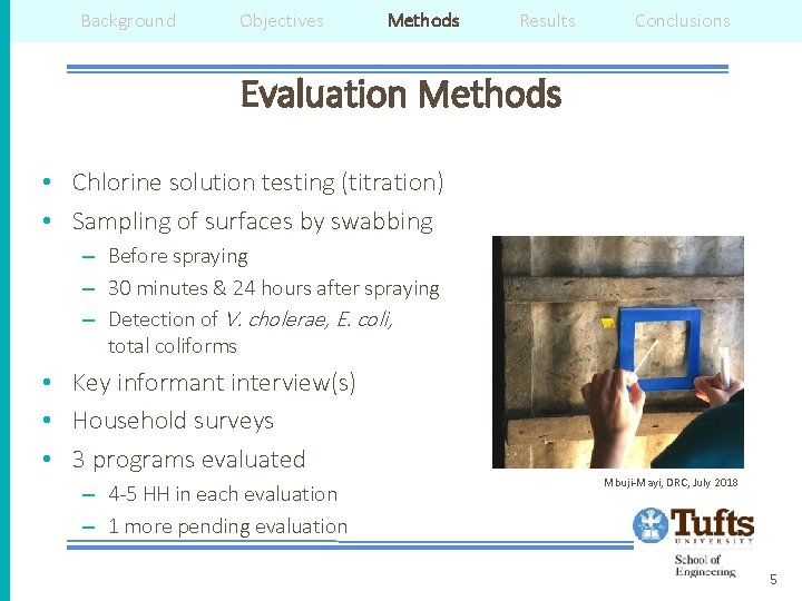 Background Objectives Methods Results Conclusions Evaluation Methods • Chlorine solution testing (titration) • Sampling