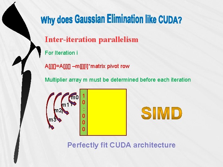 Inter-iteration parallelism For Iteration i A[j][]=A[j][] –m[j][i]*matrix pivot row Multiplier array m must be