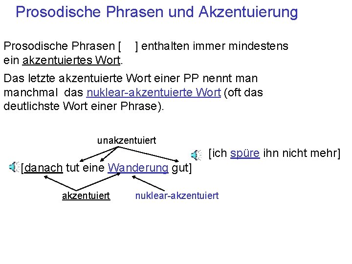 Prosodische Phrasen und Akzentuierung Prosodische Phrasen [ ] enthalten immer mindestens ein akzentuiertes Wort.