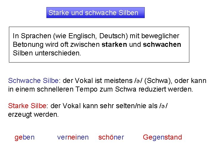 Starke und schwache Silben In Sprachen (wie Englisch, Deutsch) mit beweglicher Betonung wird oft