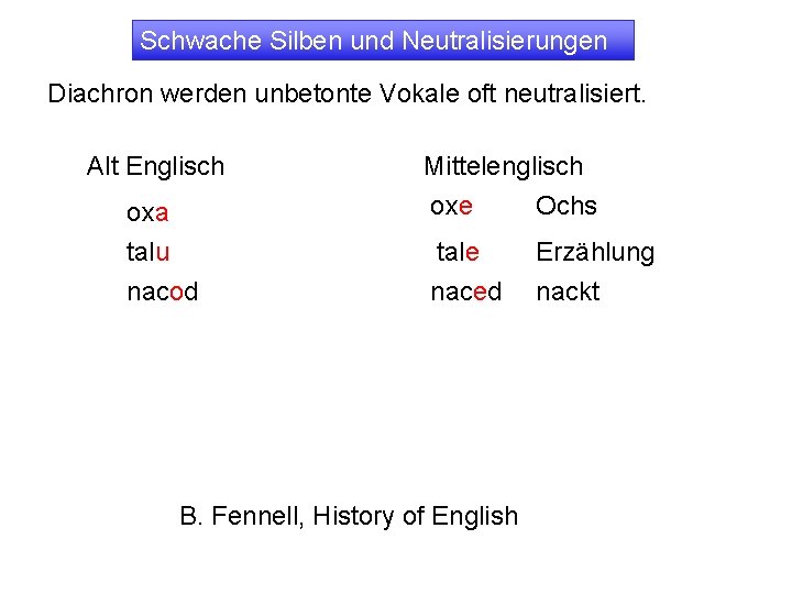 Schwache Silben und Neutralisierungen Diachron werden unbetonte Vokale oft neutralisiert. Alt Englisch oxa talu