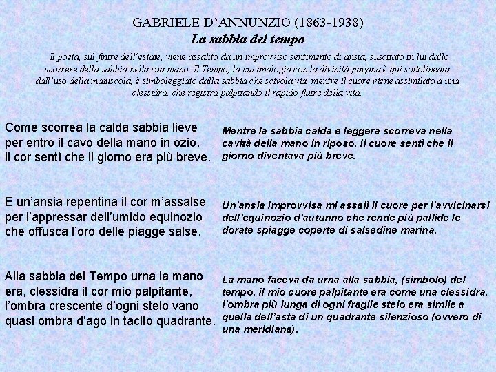 GABRIELE D’ANNUNZIO (1863 -1938) La sabbia del tempo Il poeta, sul finire dell’estate, viene