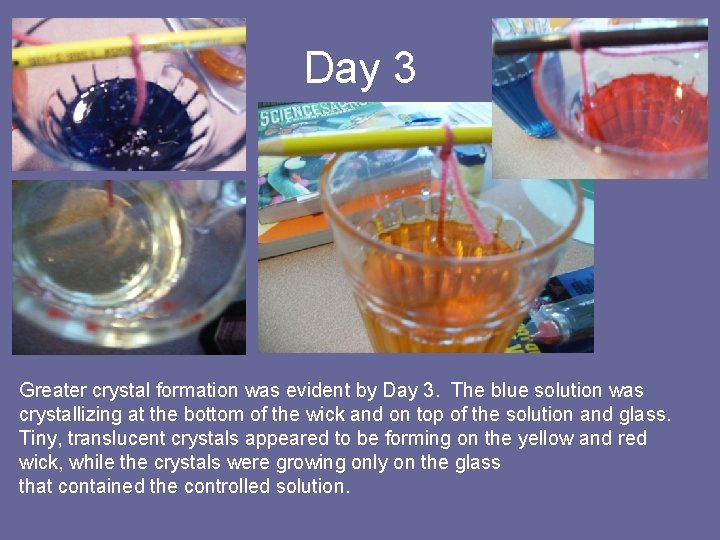 Day 3 Greater crystal formation was evident by Day 3. The blue solution was