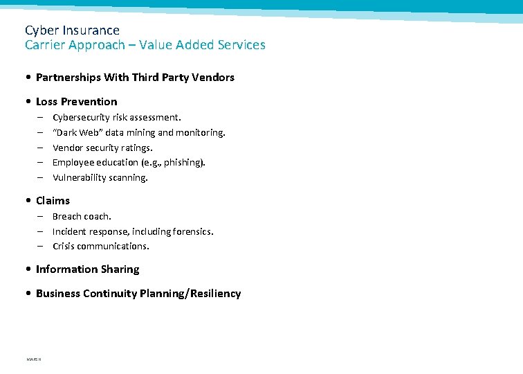 Cyber Insurance Carrier Approach – Value Added Services • Partnerships With Third Party Vendors