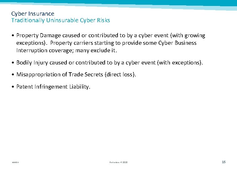Cyber Insurance Traditionally Uninsurable Cyber Risks • Property Damage caused or contributed to by