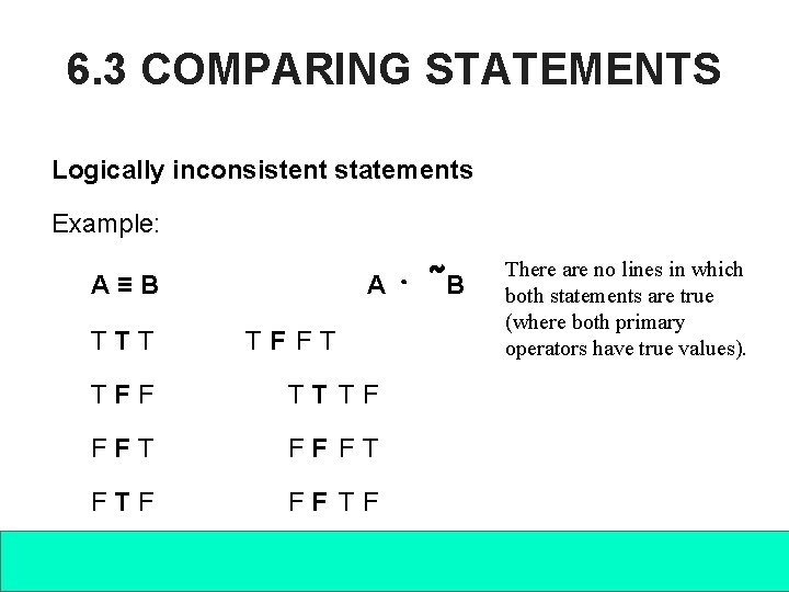 6. 3 COMPARING STATEMENTS Logically inconsistent statements Example: A≡B TTT A TF FT TFF