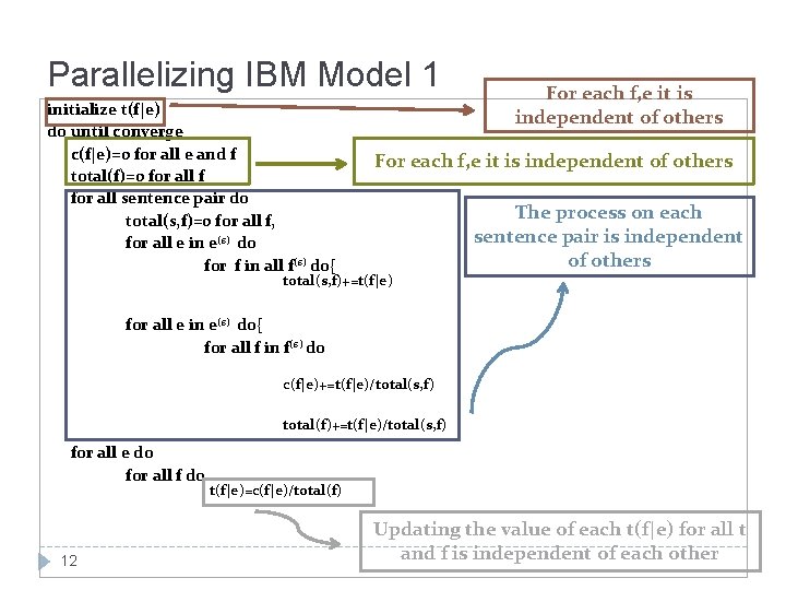 Parallelizing IBM Model 1 initialize t(f|e) do until converge c(f|e)=0 for all e and